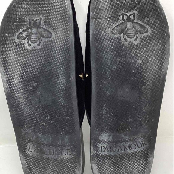GUCCI - Black Velvet Gold Bee Embroidered Mule Slide - Size 10 - Picture 4 of 4